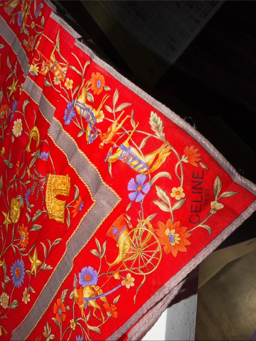 Celine Red Floral Carriage Silk Scarf with Gray Border